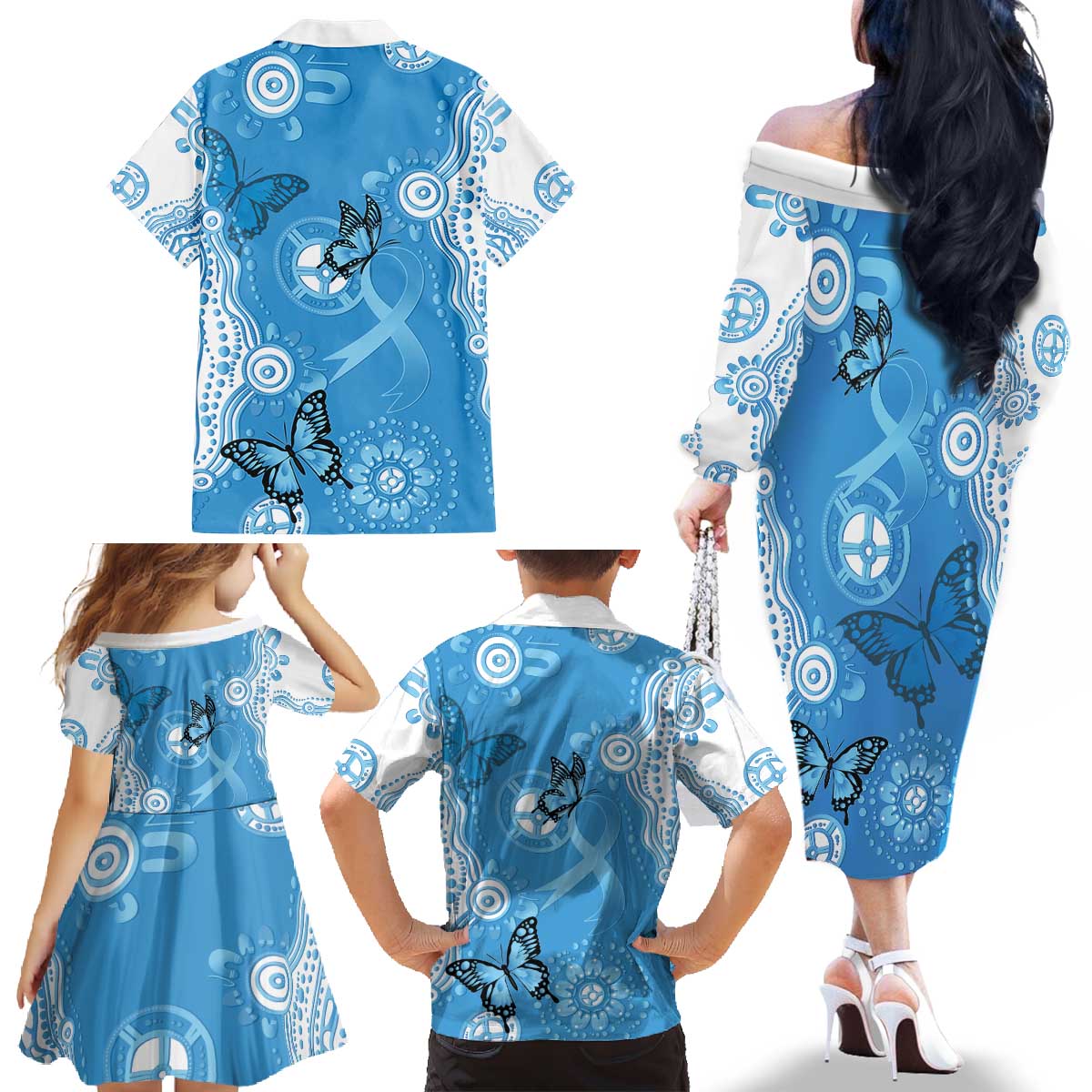 World Diabetes Day Australia Family Matching Off The Shoulder Long Sleeve Dress and Hawaiian Shirt Blue Ribbon Butterfly Aboriginal Art - Aussie Hoodie
