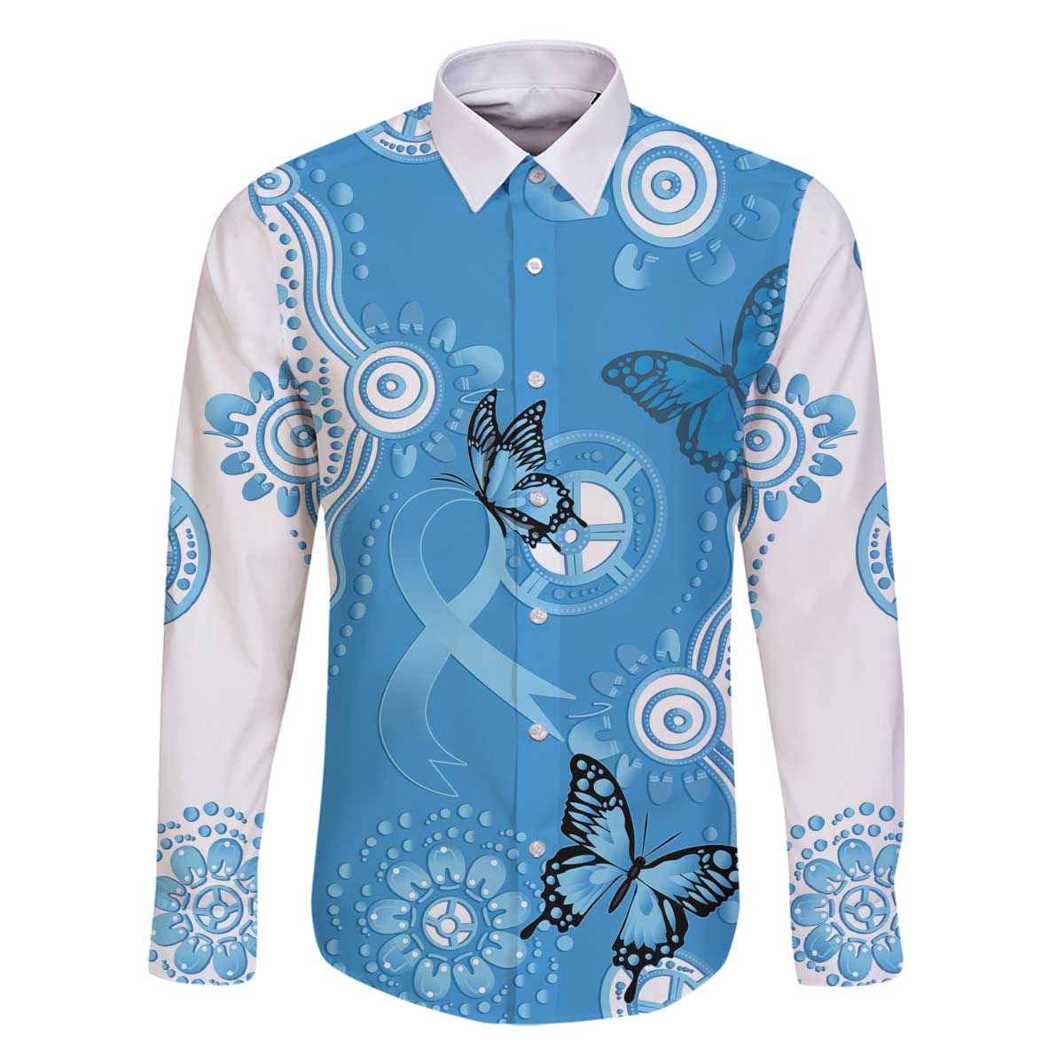 World Diabetes Day Australia Family Matching Off The Shoulder Long Sleeve Dress and Hawaiian Shirt Blue Ribbon Butterfly Aboriginal Art - Aussie Hoodie