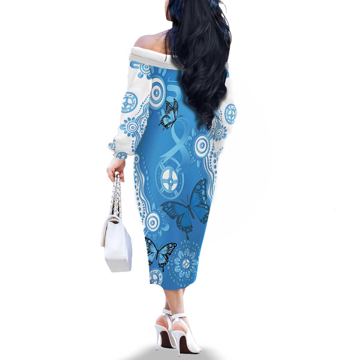 World Diabetes Day Australia Family Matching Off The Shoulder Long Sleeve Dress and Hawaiian Shirt Blue Ribbon Butterfly Aboriginal Art - Aussie Hoodie