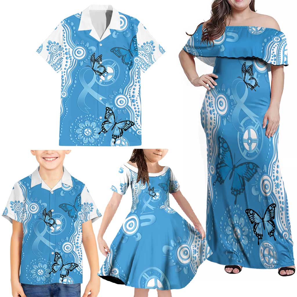 World Diabetes Day Australia Family Matching Off Shoulder Maxi Dress and Hawaiian Shirt Blue Ribbon Butterfly Aboriginal Art - Aussie Hoodie