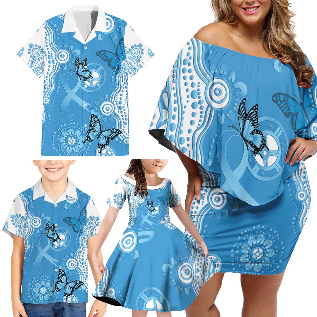 World Diabetes Day Australia Family Matching Off Shoulder Short Dress and Hawaiian Shirt Blue Ribbon Butterfly Aboriginal Art - Aussie Hoodie