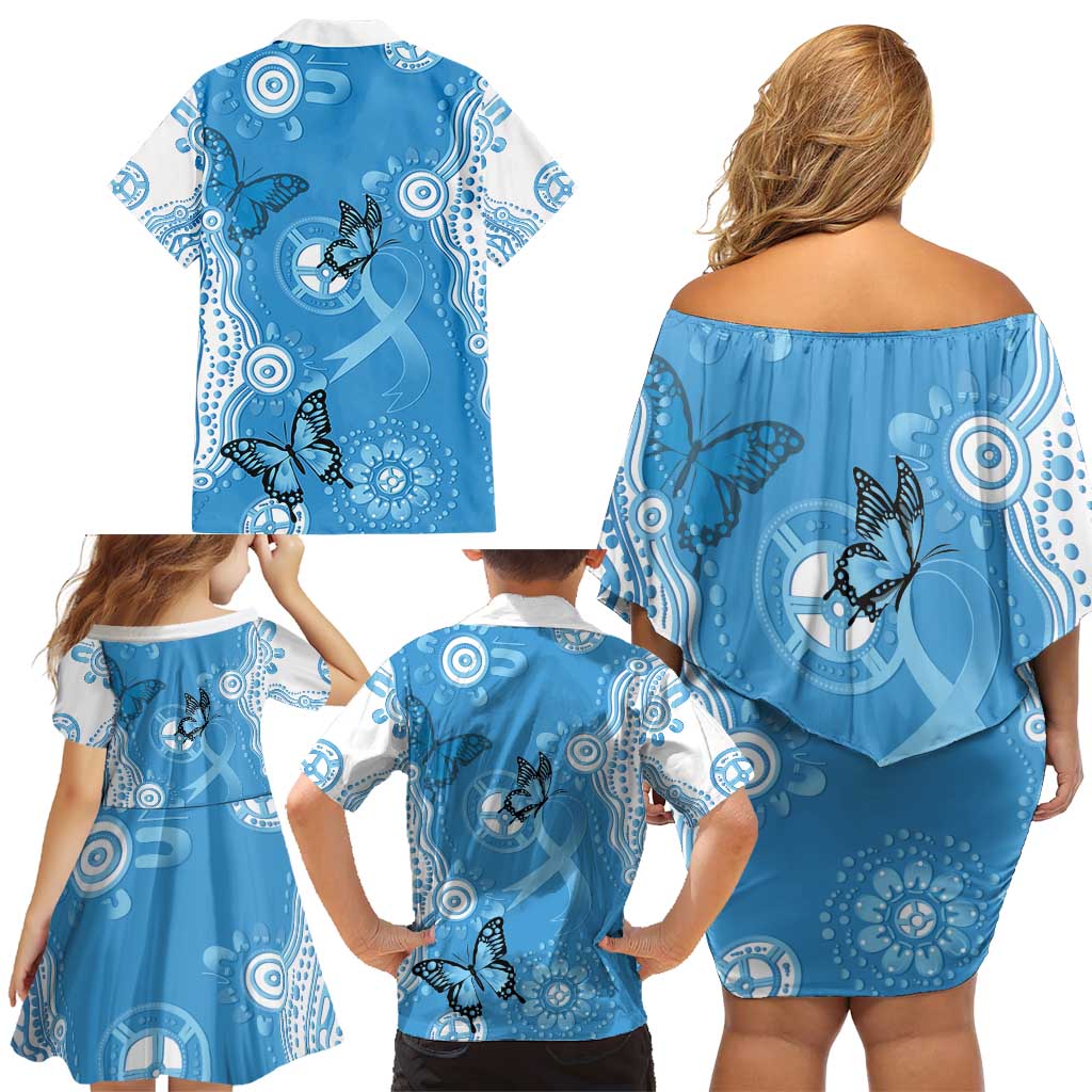 World Diabetes Day Australia Family Matching Off Shoulder Short Dress and Hawaiian Shirt Blue Ribbon Butterfly Aboriginal Art - Aussie Hoodie