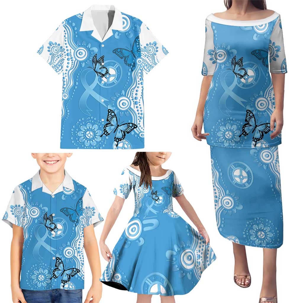 World Diabetes Day Australia Family Matching Puletasi and Hawaiian Shirt Blue Ribbon Butterfly Aboriginal Art - Aussie Hoodie