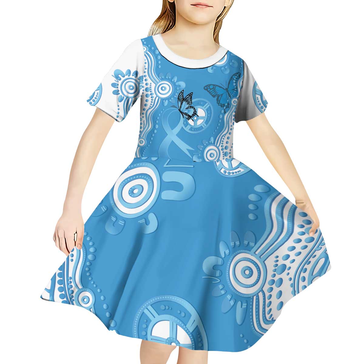 World Diabetes Day Australia Kid Short Sleeve Dress Blue Ribbon Butterfly Aboriginal Art - Aussie Hoodie