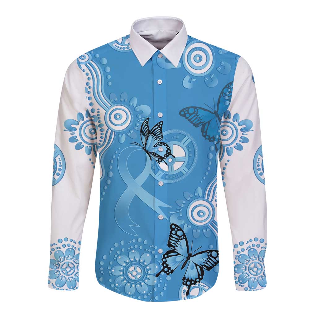 World Diabetes Day Australia Long Sleeve Button Shirt Blue Ribbon Butterfly Aboriginal Art - Aussie Hoodie