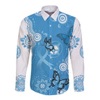 World Diabetes Day Australia Long Sleeve Button Shirt Blue Ribbon Butterfly Aboriginal Art - Aussie Hoodie
