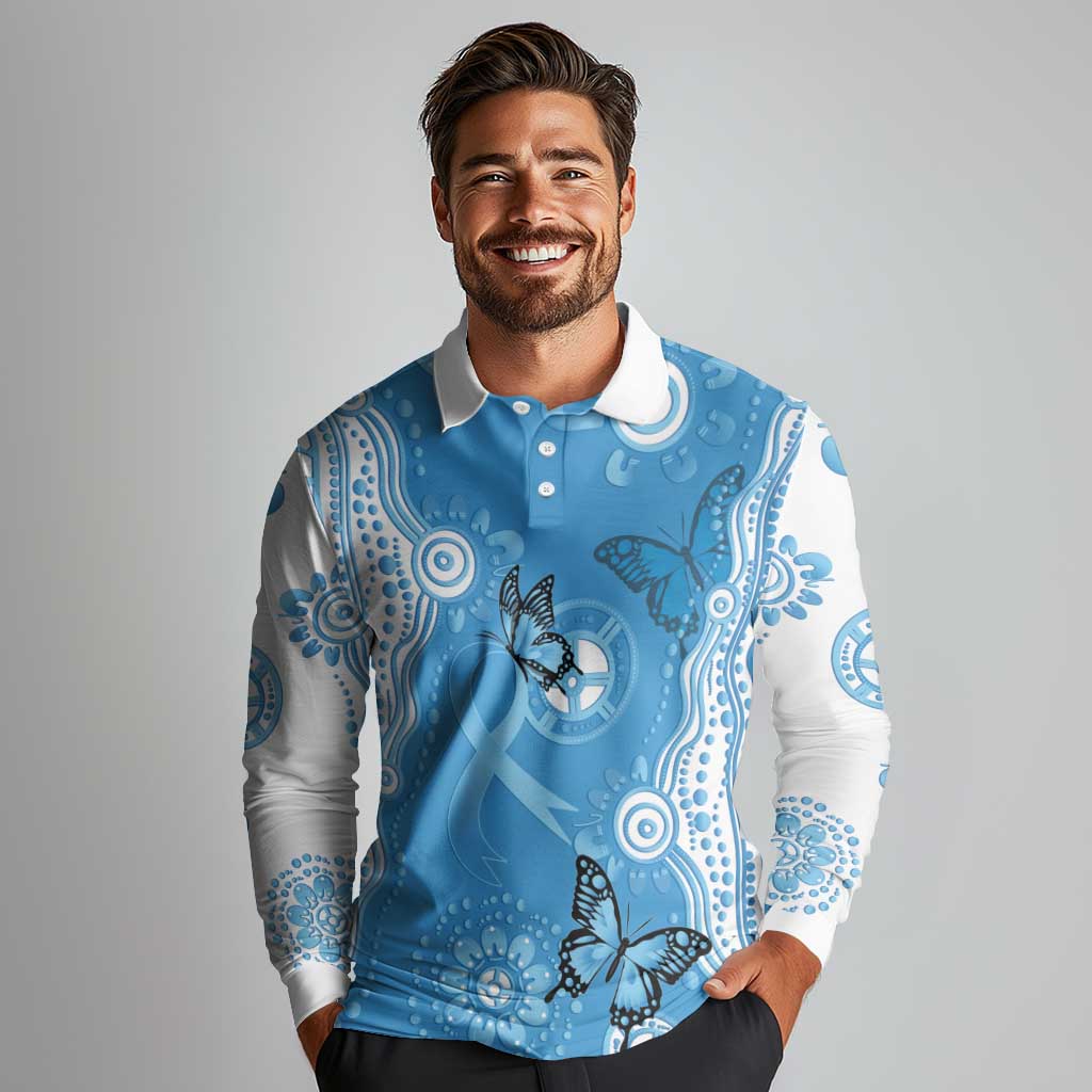 World Diabetes Day Australia Long Sleeve Polo Shirt Blue Ribbon Butterfly Aboriginal Art - Aussie Hoodie