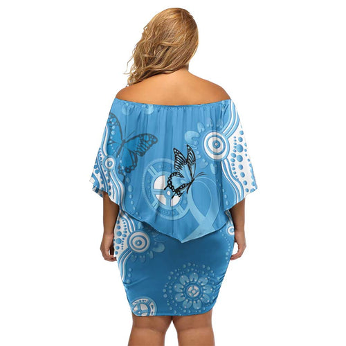 World Diabetes Day Australia Off Shoulder Short Dress Blue Ribbon Butterfly Aboriginal Art - Aussie Hoodie