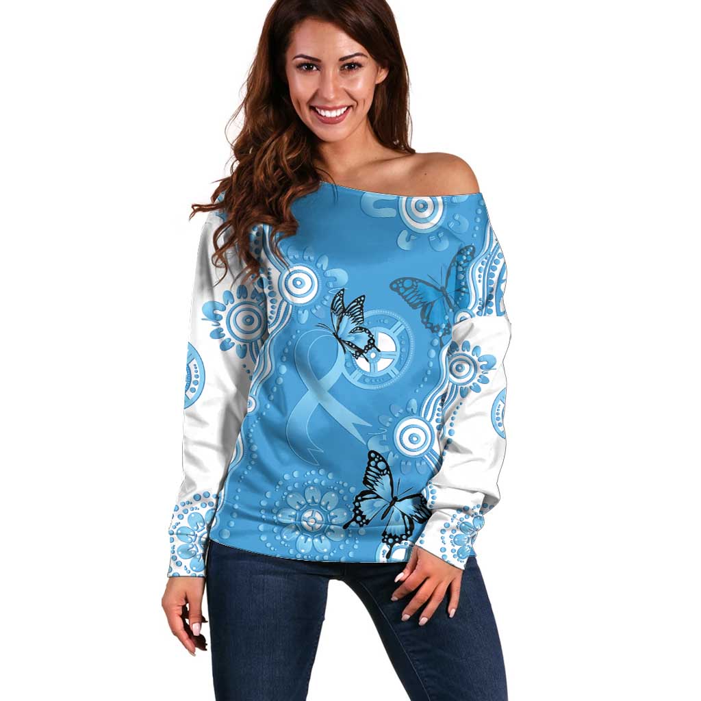 World Diabetes Day Australia Off Shoulder Sweater Blue Ribbon Butterfly Aboriginal Art - Aussie Hoodie