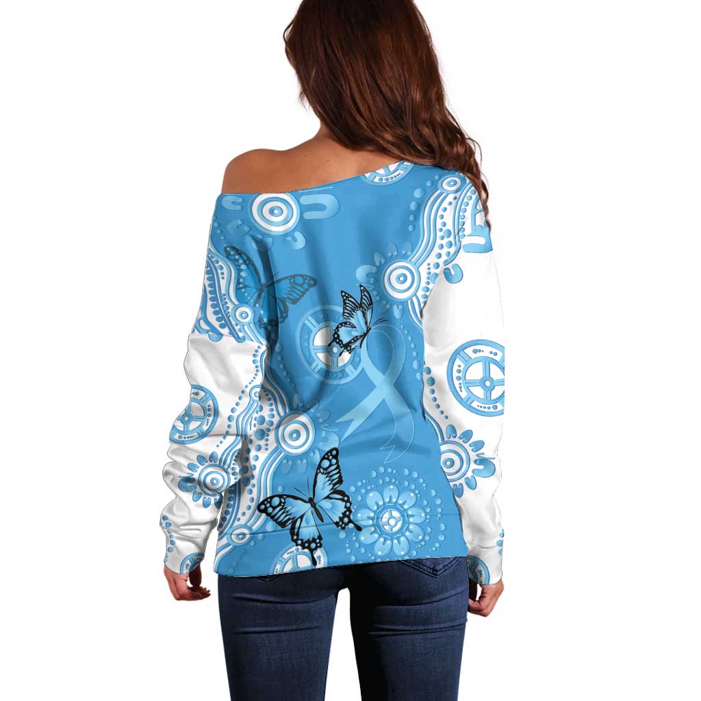 World Diabetes Day Australia Off Shoulder Sweater Blue Ribbon Butterfly Aboriginal Art - Aussie Hoodie