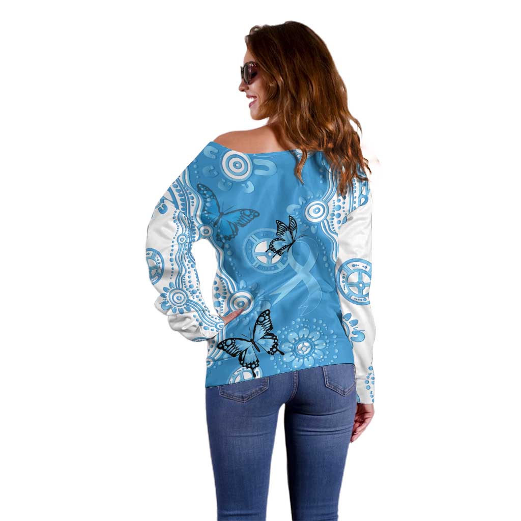World Diabetes Day Australia Off Shoulder Sweater Blue Ribbon Butterfly Aboriginal Art - Aussie Hoodie