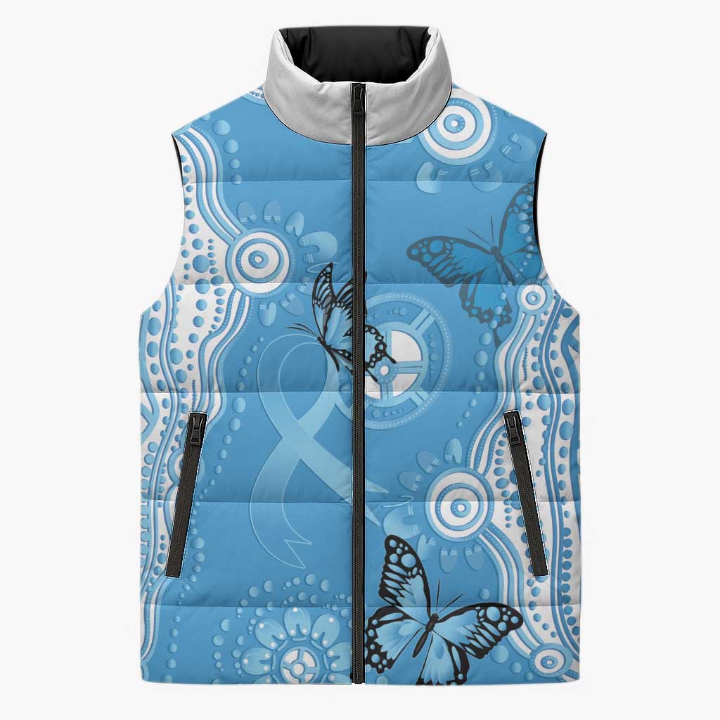 World Diabetes Day Australia Sleeveless Puffer Jacket Blue Ribbon Butterfly Aboriginal Art - Aussie Hoodie