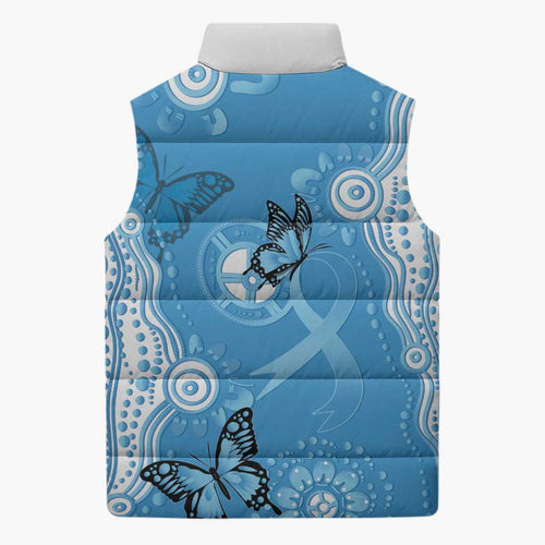 World Diabetes Day Australia Sleeveless Puffer Jacket Blue Ribbon Butterfly Aboriginal Art - Aussie Hoodie