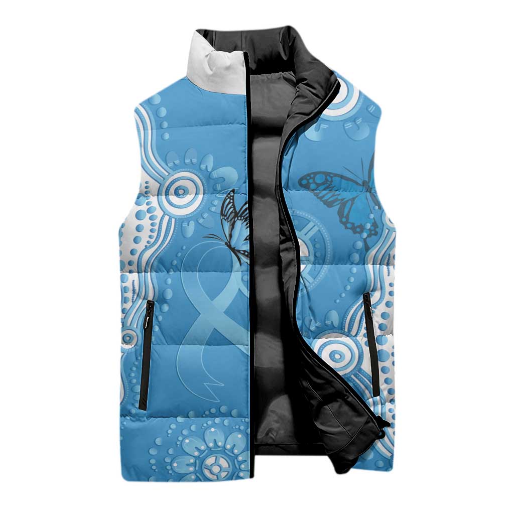 World Diabetes Day Australia Sleeveless Puffer Jacket Blue Ribbon Butterfly Aboriginal Art - Aussie Hoodie