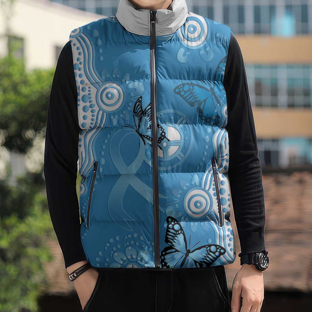 World Diabetes Day Australia Sleeveless Puffer Jacket Blue Ribbon Butterfly Aboriginal Art - Aussie Hoodie