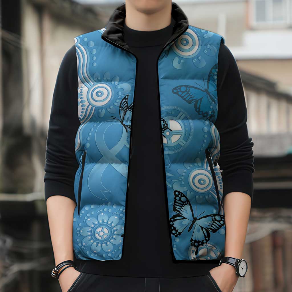 World Diabetes Day Australia Sleeveless Puffer Jacket Blue Ribbon Butterfly Aboriginal Art - Aussie Hoodie