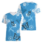 World Diabetes Day Australia Women V-Neck T-Shirt Blue Ribbon Butterfly Aboriginal Art - Aussie Hoodie