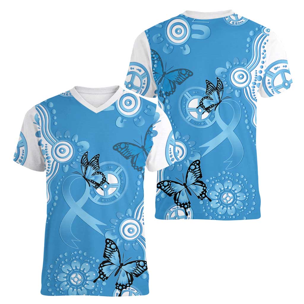World Diabetes Day Australia Women V-Neck T-Shirt Blue Ribbon Butterfly Aboriginal Art - Aussie Hoodie