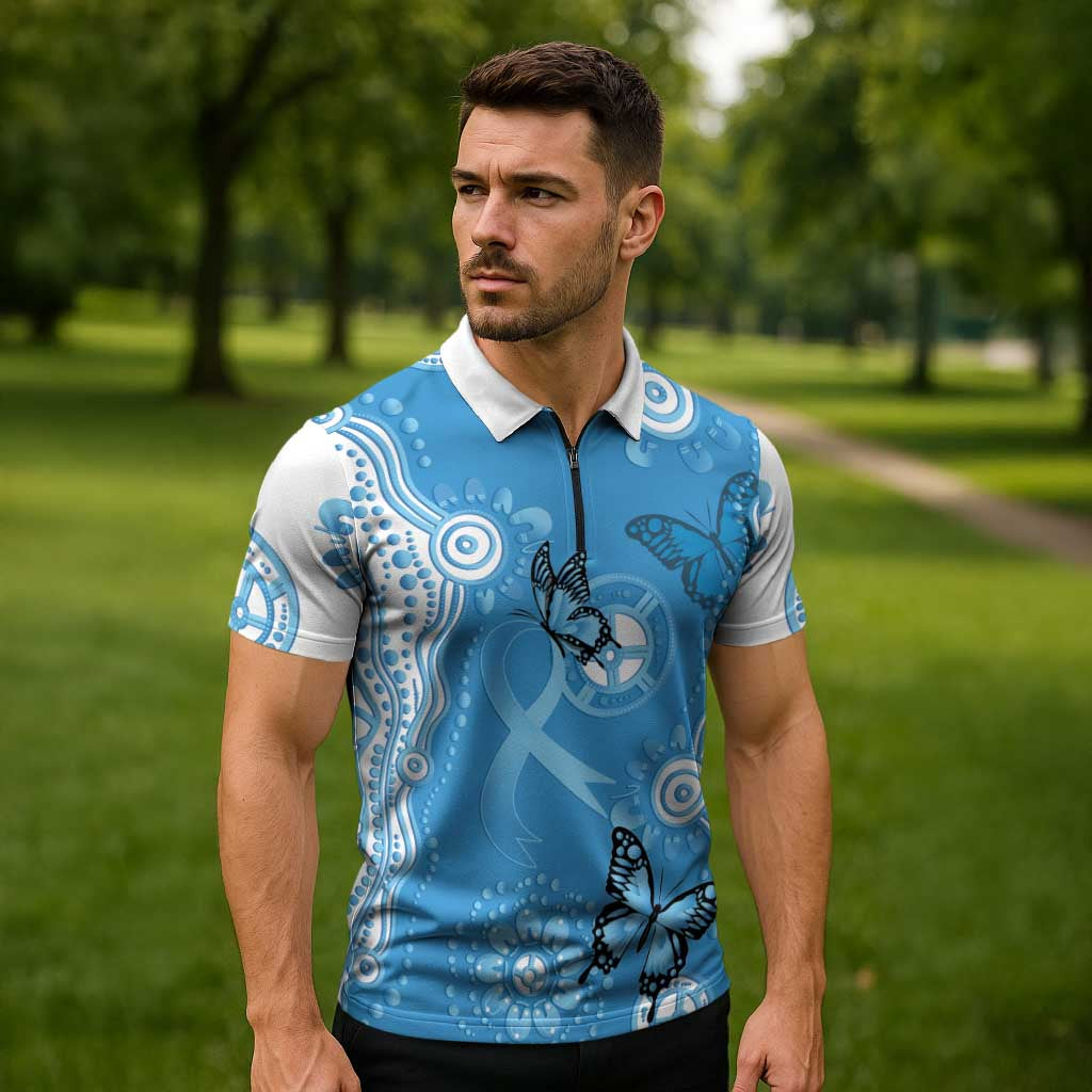 World Diabetes Day Australia Zipper Polo Shirt Blue Ribbon Butterfly Aboriginal Art - Aussie Hoodie