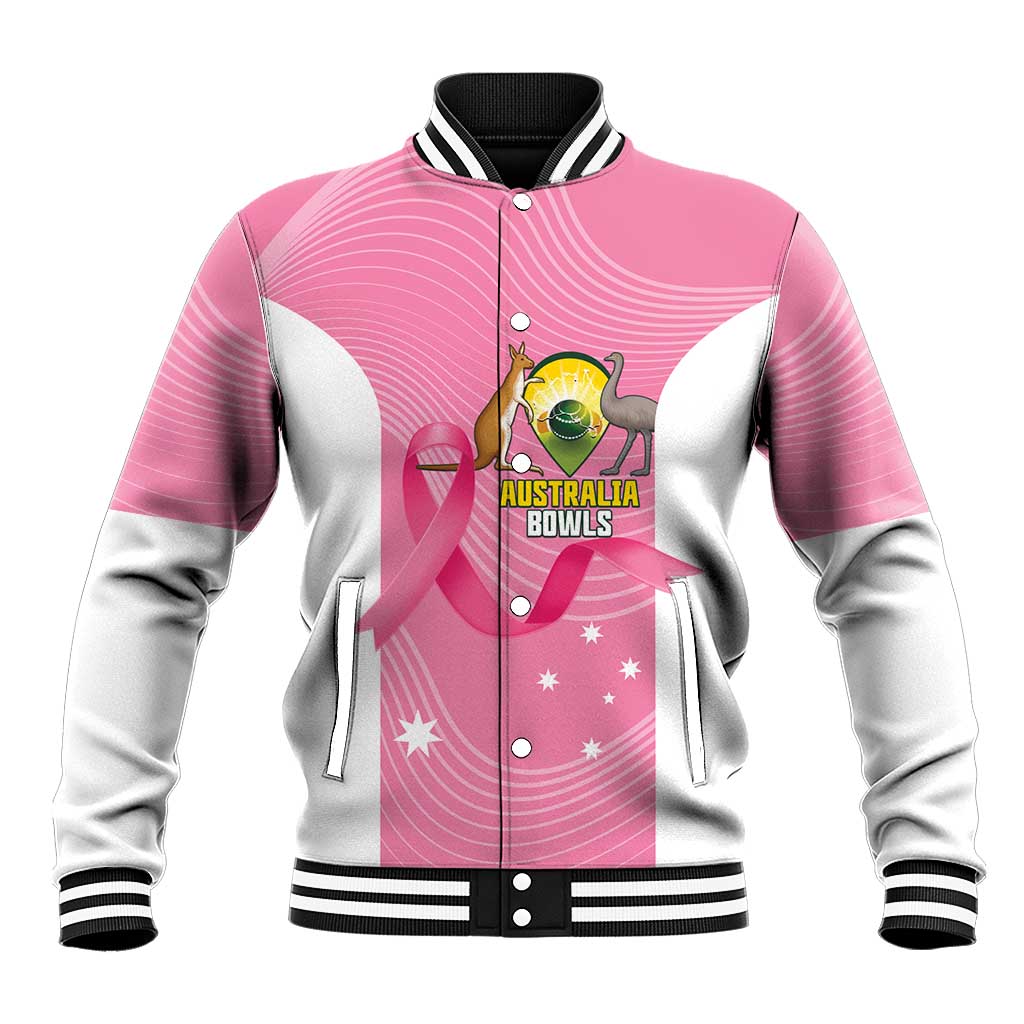 Custom Bowls Australia Breast Cancer Baseball Jacket Pink Ribbon Aussie Map With Kangaroo Emu - Aussie Hoodie