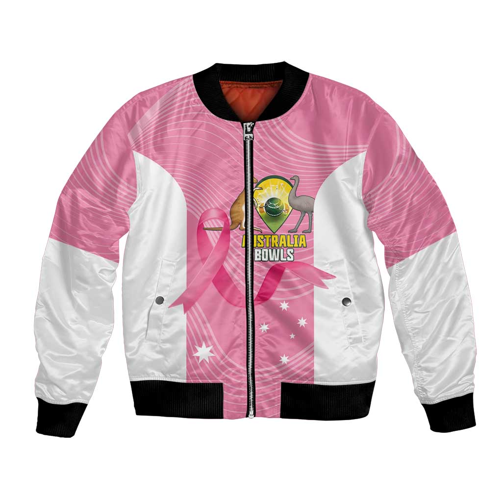Custom Bowls Australia Breast Cancer Bomber Jacket Pink Ribbon Aussie Map With Kangaroo Emu - Aussie Hoodie