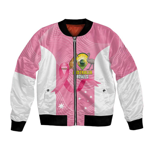 Custom Bowls Australia Breast Cancer Bomber Jacket Pink Ribbon Aussie Map With Kangaroo Emu - Aussie Hoodie