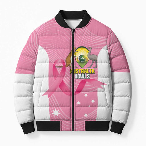 Custom Bowls Australia Breast Cancer Bomber Puffer Jacket Pink Ribbon Aussie Map With Kangaroo Emu - Aussie Hoodie