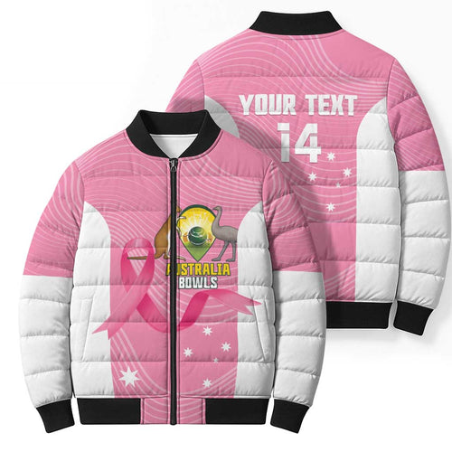 Custom Bowls Australia Breast Cancer Bomber Puffer Jacket Pink Ribbon Aussie Map With Kangaroo Emu - Aussie Hoodie
