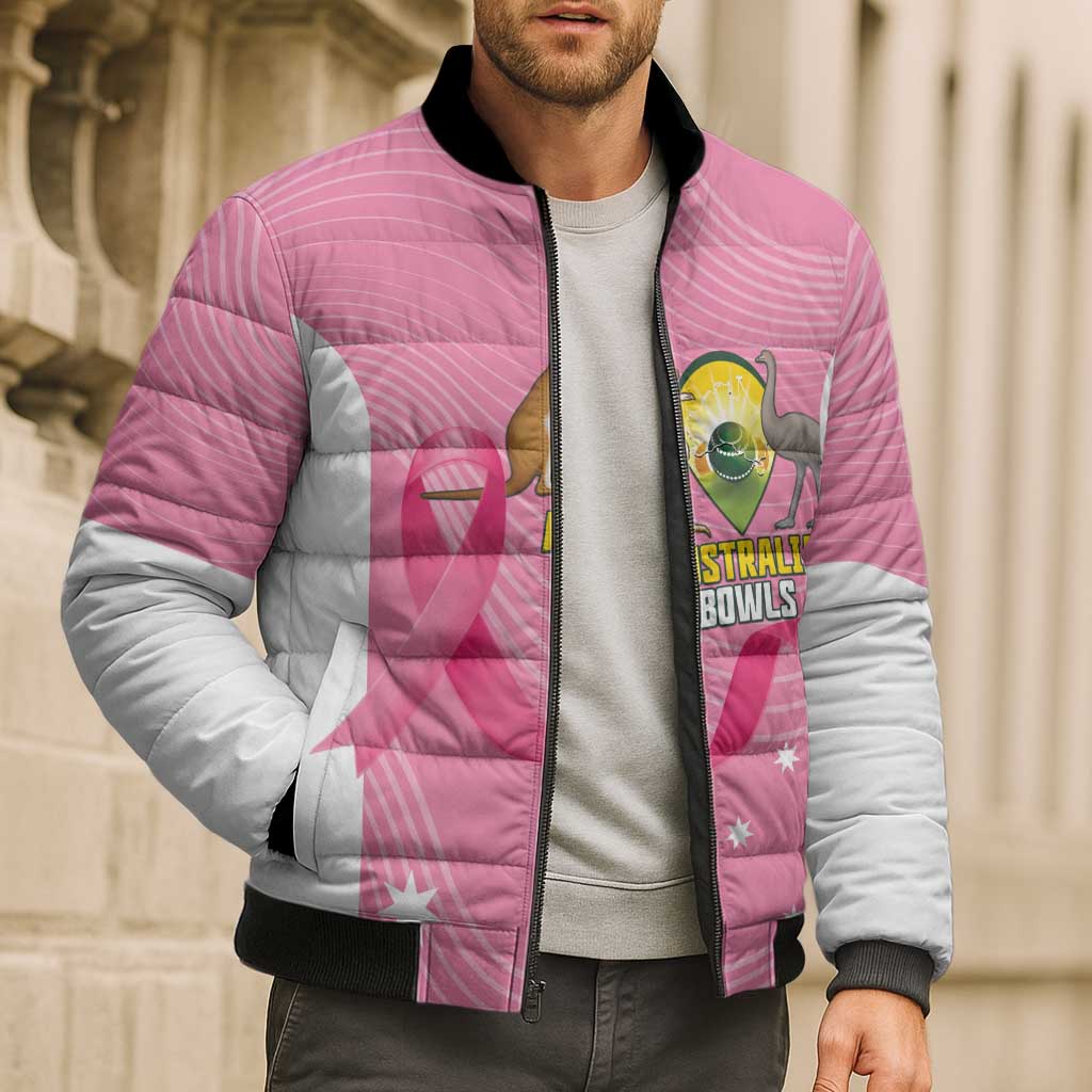 Custom Bowls Australia Breast Cancer Bomber Puffer Jacket Pink Ribbon Aussie Map With Kangaroo Emu - Aussie Hoodie