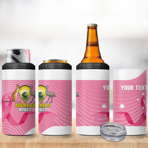 Custom Bowls Australia Breast Cancer 4 in 1 Can Cooler Tumbler Pink Ribbon Aussie Map With Kangaroo Emu - Aussie Hoodie