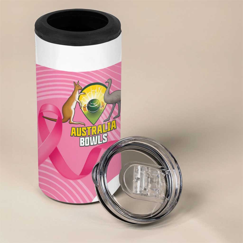 Custom Bowls Australia Breast Cancer 4 in 1 Can Cooler Tumbler Pink Ribbon Aussie Map With Kangaroo Emu - Aussie Hoodie