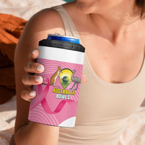 Custom Bowls Australia Breast Cancer 4 in 1 Can Cooler Tumbler Pink Ribbon Aussie Map With Kangaroo Emu - Aussie Hoodie
