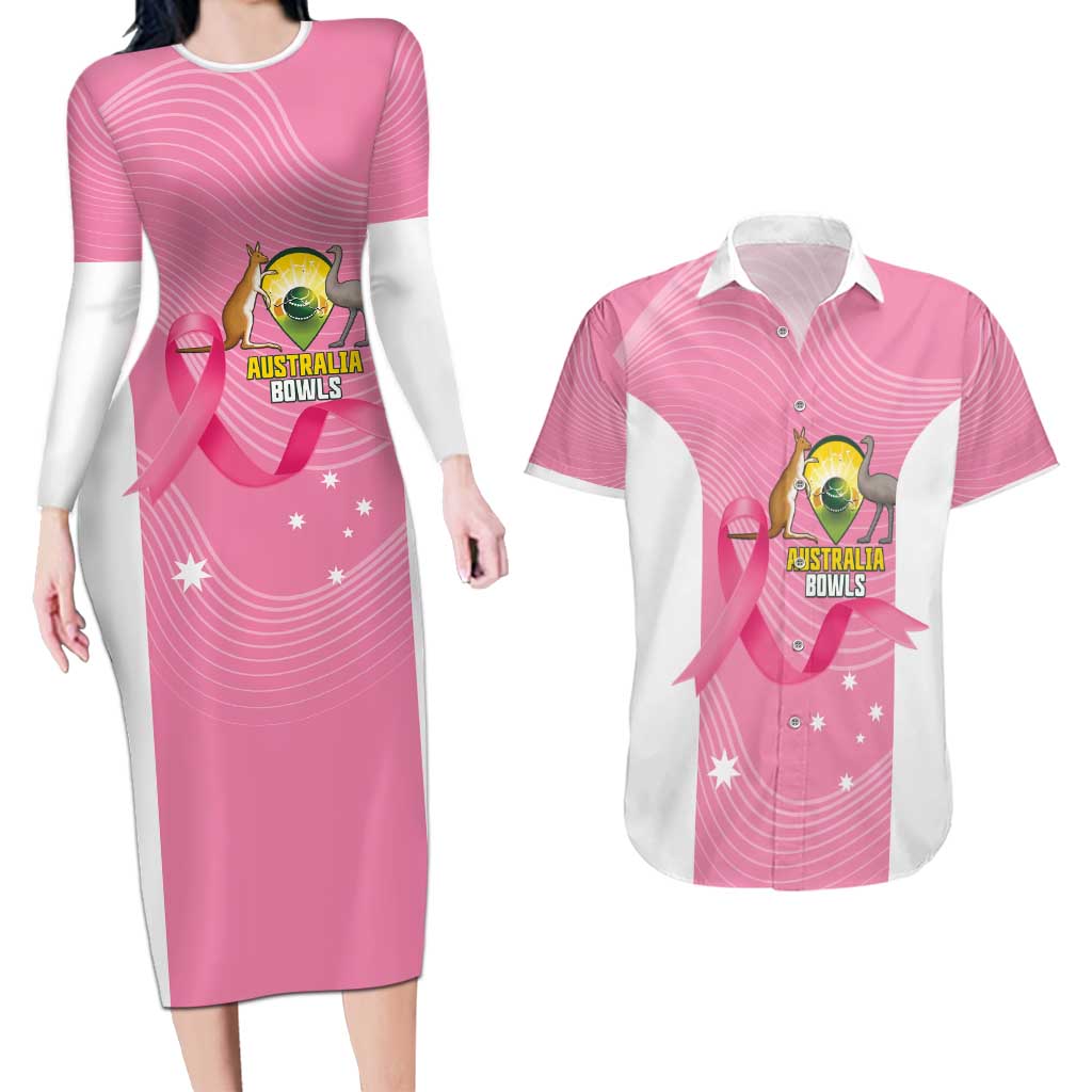 Custom Bowls Australia Breast Cancer Couples Matching Long Sleeve Bodycon Dress and Hawaiian Shirt Pink Ribbon Aussie Map With Kangaroo Emu - Aussie Hoodie