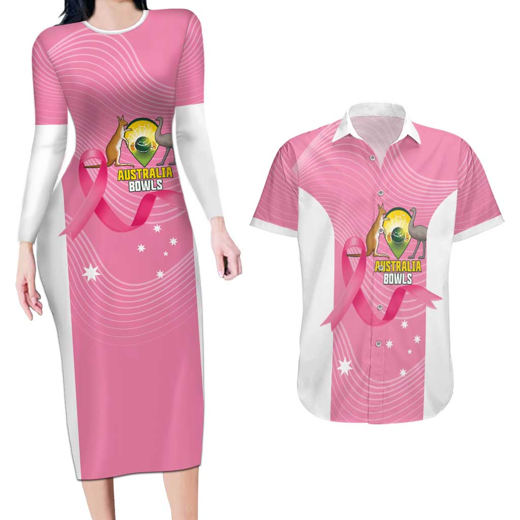 Custom Bowls Australia Breast Cancer Couples Matching Long Sleeve Bodycon Dress and Hawaiian Shirt Pink Ribbon Aussie Map With Kangaroo Emu - Aussie Hoodie