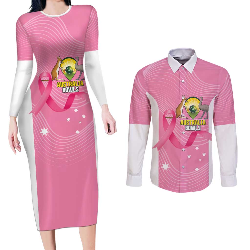 Custom Bowls Australia Breast Cancer Couples Matching Long Sleeve Bodycon Dress and Long Sleeve Button Shirt Pink Ribbon Aussie Map With Kangaroo Emu - Aussie Hoodie