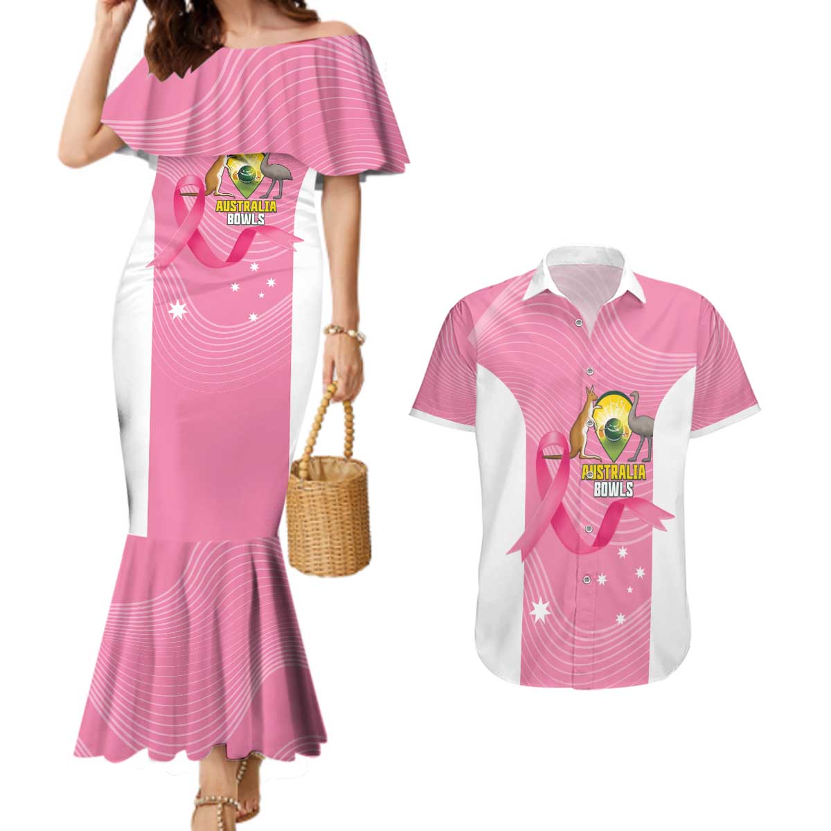 Custom Bowls Australia Breast Cancer Couples Matching Mermaid Dress and Hawaiian Shirt Pink Ribbon Aussie Map With Kangaroo Emu - Aussie Hoodie