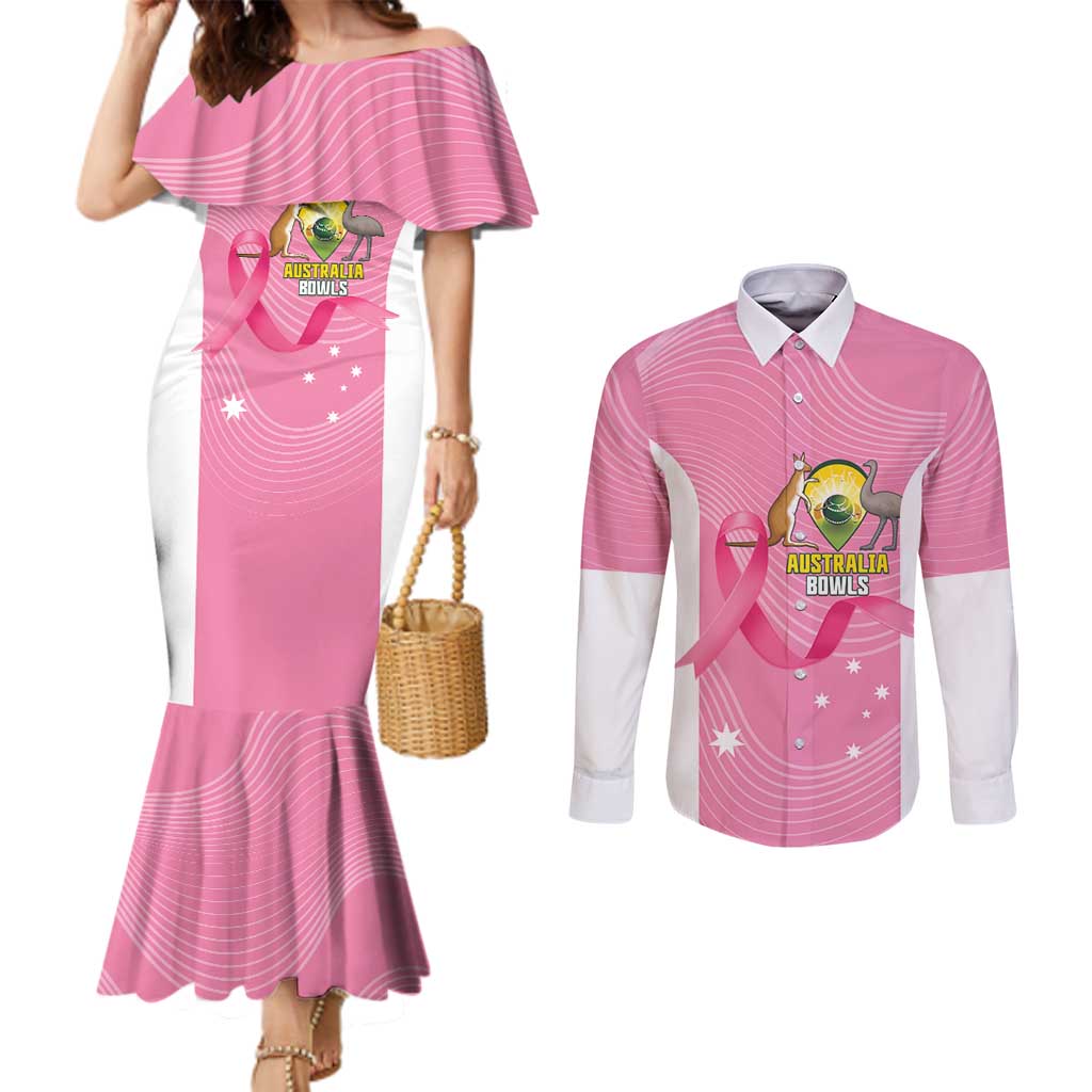 Custom Bowls Australia Breast Cancer Couples Matching Mermaid Dress and Long Sleeve Button Shirt Pink Ribbon Aussie Map With Kangaroo Emu - Aussie Hoodie