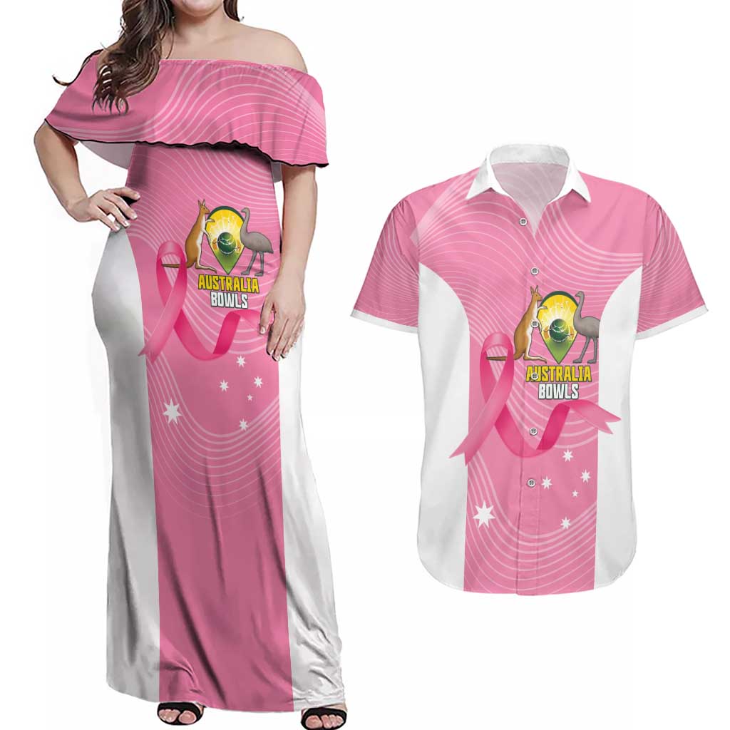 Custom Bowls Australia Breast Cancer Couples Matching Off Shoulder Maxi Dress and Hawaiian Shirt Pink Ribbon Aussie Map With Kangaroo Emu - Aussie Hoodie
