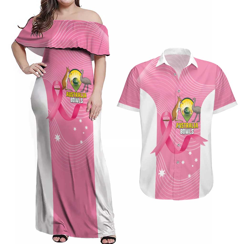 Custom Bowls Australia Breast Cancer Couples Matching Off Shoulder Maxi Dress and Hawaiian Shirt Pink Ribbon Aussie Map With Kangaroo Emu - Aussie Hoodie