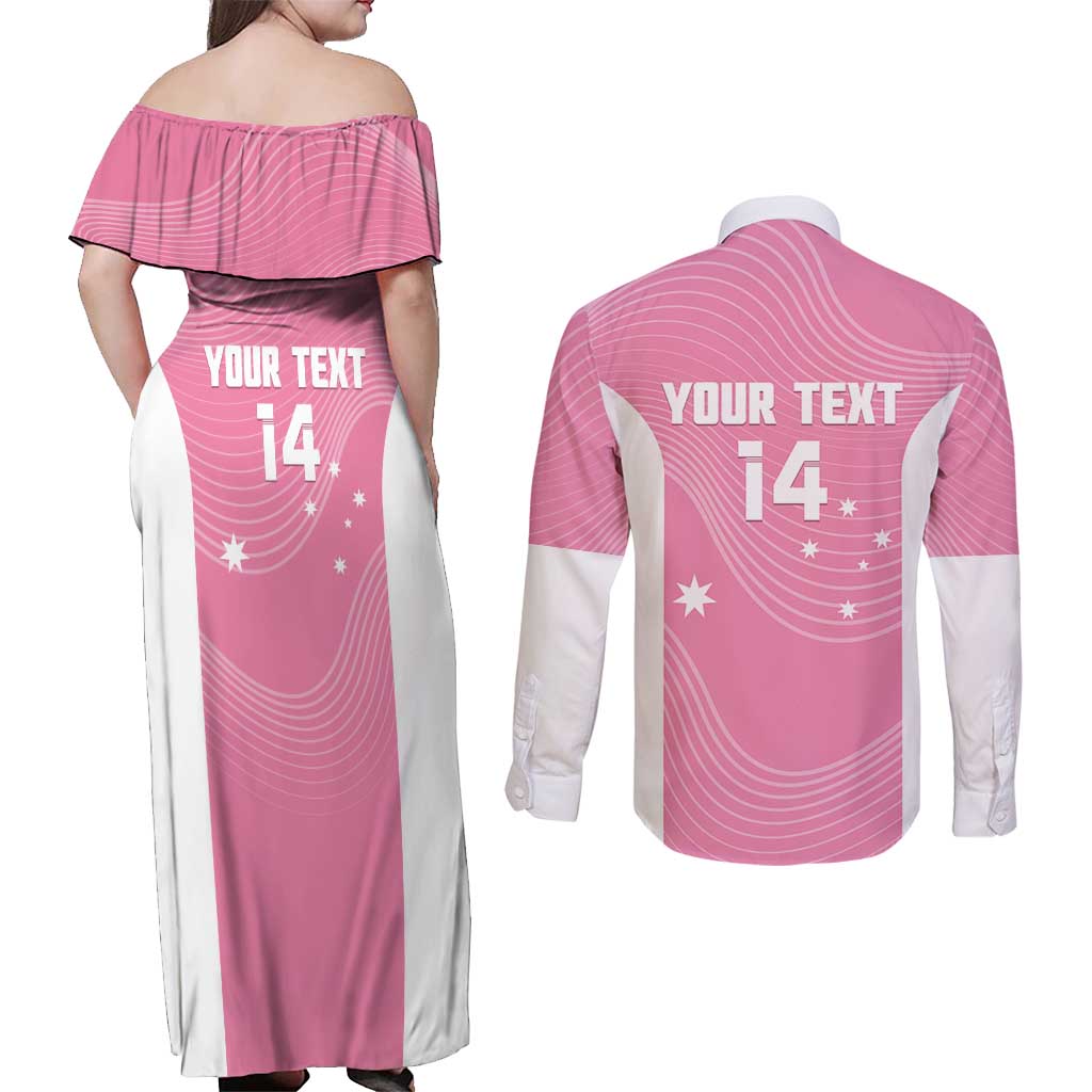 Custom Bowls Australia Breast Cancer Couples Matching Off Shoulder Maxi Dress and Long Sleeve Button Shirt Pink Ribbon Aussie Map With Kangaroo Emu - Aussie Hoodie