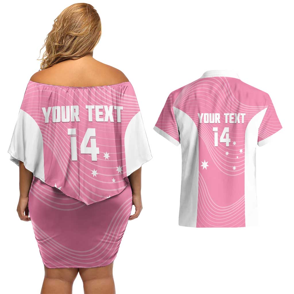 Custom Bowls Australia Breast Cancer Couples Matching Off Shoulder Short Dress and Hawaiian Shirt Pink Ribbon Aussie Map With Kangaroo Emu - Aussie Hoodie