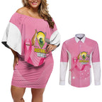 Custom Bowls Australia Breast Cancer Couples Matching Off Shoulder Short Dress and Long Sleeve Button Shirt Pink Ribbon Aussie Map With Kangaroo Emu - Aussie Hoodie