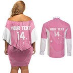 Custom Bowls Australia Breast Cancer Couples Matching Off Shoulder Short Dress and Long Sleeve Button Shirt Pink Ribbon Aussie Map With Kangaroo Emu - Aussie Hoodie