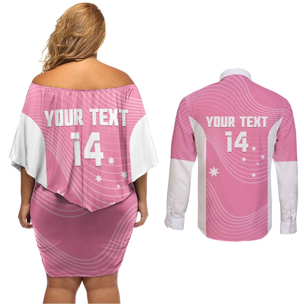 Custom Bowls Australia Breast Cancer Couples Matching Off Shoulder Short Dress and Long Sleeve Button Shirt Pink Ribbon Aussie Map With Kangaroo Emu - Aussie Hoodie