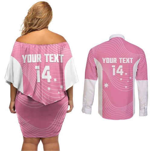 Custom Bowls Australia Breast Cancer Couples Matching Off Shoulder Short Dress and Long Sleeve Button Shirt Pink Ribbon Aussie Map With Kangaroo Emu - Aussie Hoodie