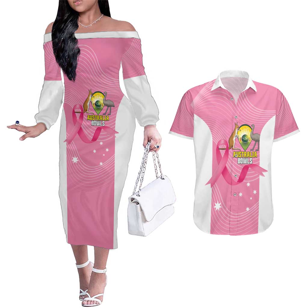 Custom Bowls Australia Breast Cancer Couples Matching Off The Shoulder Long Sleeve Dress and Hawaiian Shirt Pink Ribbon Aussie Map With Kangaroo Emu - Aussie Hoodie