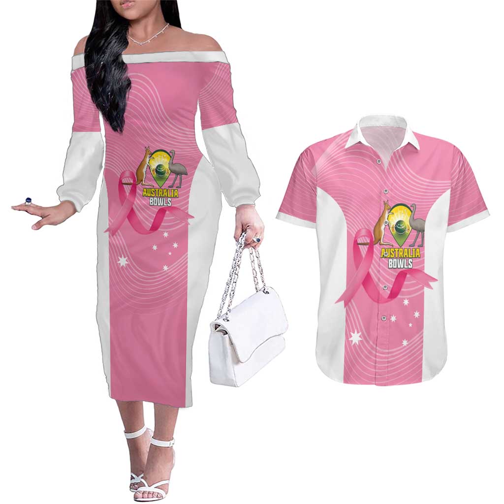 Custom Bowls Australia Breast Cancer Couples Matching Off The Shoulder Long Sleeve Dress and Hawaiian Shirt Pink Ribbon Aussie Map With Kangaroo Emu - Aussie Hoodie