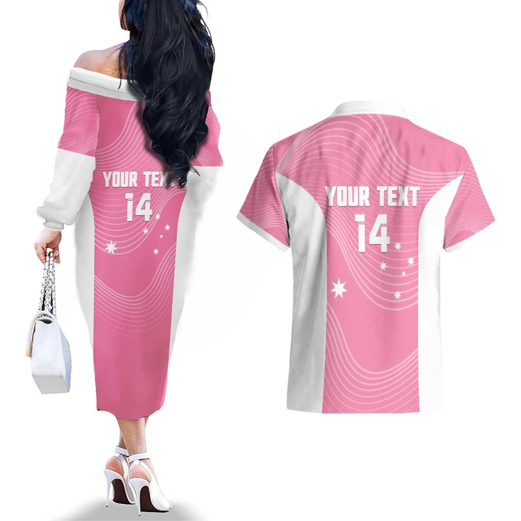 Custom Bowls Australia Breast Cancer Couples Matching Off The Shoulder Long Sleeve Dress and Hawaiian Shirt Pink Ribbon Aussie Map With Kangaroo Emu - Aussie Hoodie