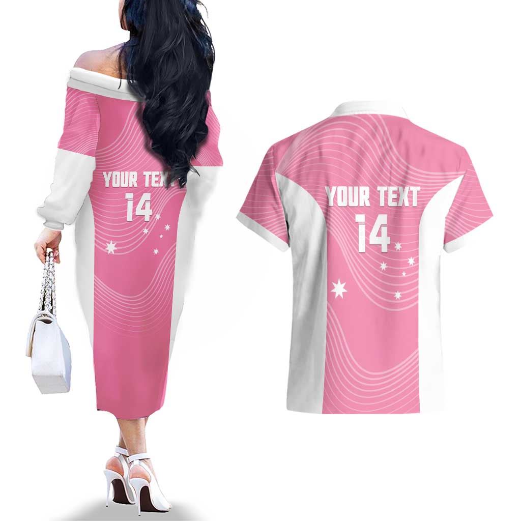 Custom Bowls Australia Breast Cancer Couples Matching Off The Shoulder Long Sleeve Dress and Hawaiian Shirt Pink Ribbon Aussie Map With Kangaroo Emu - Aussie Hoodie