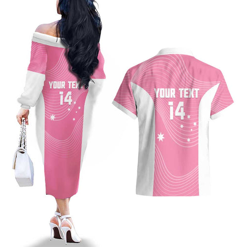 Custom Bowls Australia Breast Cancer Couples Matching Off The Shoulder Long Sleeve Dress and Hawaiian Shirt Pink Ribbon Aussie Map With Kangaroo Emu - Aussie Hoodie